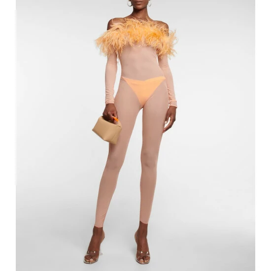 Oséree Feather-trimmed Mesh Jumpsuit 1 Oséree Feather-trimmed Mesh Jumpsuit