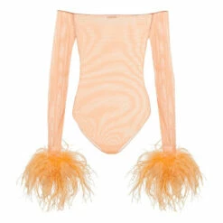 Oséree Feather-trimmed Mesh Bodysuit